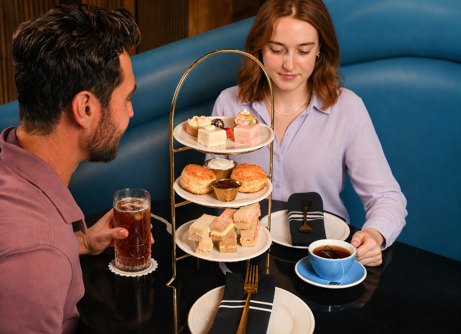 Park Avenue Tea at The Glass Knife in Winter Park featuring afternoon tea tower with pastries, scones, finger sandwiches, and tea.