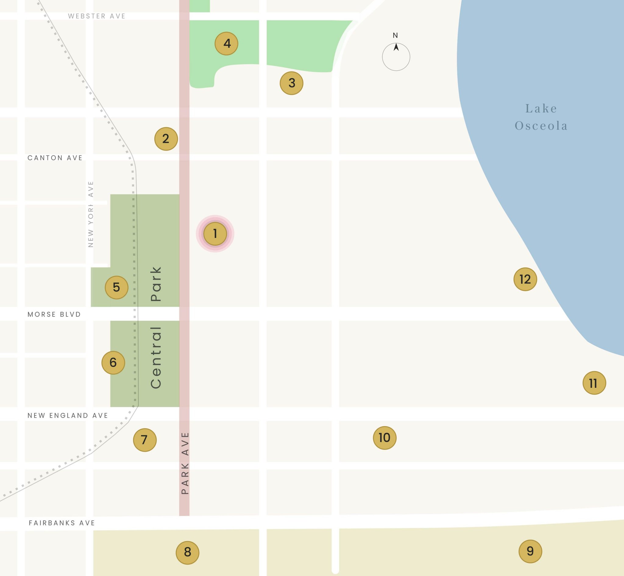 Map of Park Avenue Winter Park showing The Glass Knife and nearby attractions